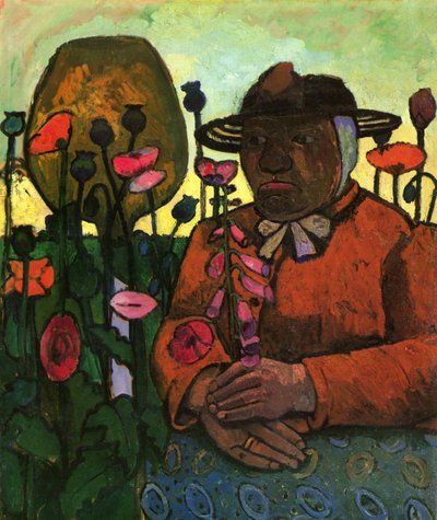 Oude vrouw uit het armenhuis in de tuin met een glazen bol door Paula Modersohn Becker
